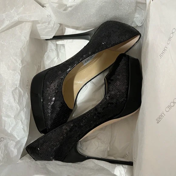 Jimmy Choo COSMIC Black Sequin Patent Leather Platform - Picture 10 of 13